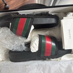 Gucci Black Slides with Green and Red Stripes